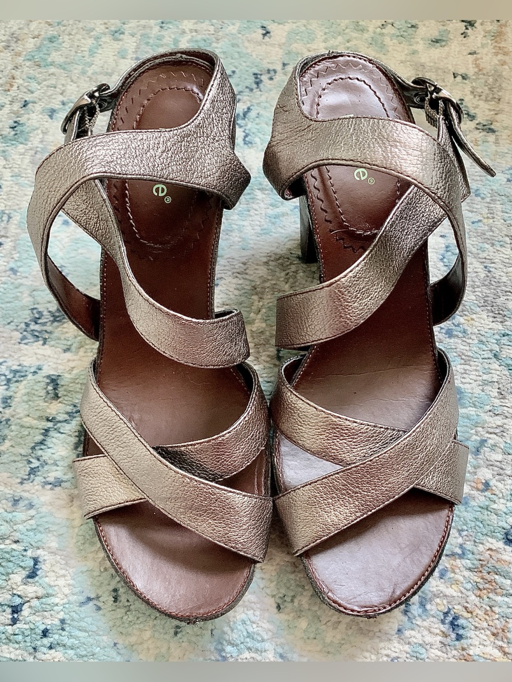 Nicole Metallic Bronze Pewter Strappy Platform Chunky Heels Sandals